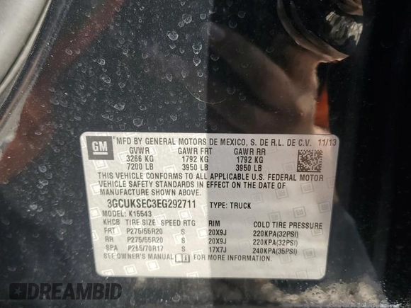 2014 Chevrolet Silverado 1500 LTZ with VIN 3GCUKSEC3EG292711, listed as a Copart auction lot 48517685 with 178,963 mi miles and Salvage Title. Bid and sale history available at DreamBid. Image 14.