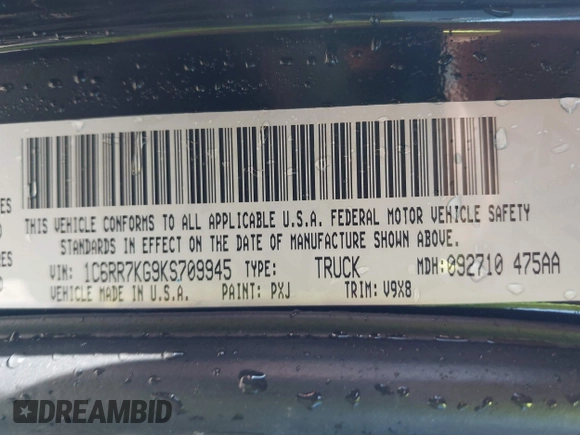 2019 Ram 1500 Tradesman z VIN 1C6RR7KG9KS709945, wystawiony jako IAAI lot #42134420 z przebiegiem 69 846 mil mil oraz . Historia ofert i sprzedaży dostępna na DreamBid. Obrazek 9.