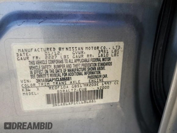 2012 Nissan Sentra SR with VIN 3N1AB6AP1CL686881, listed as a Copart auction lot 62507655 with 219,309 mi miles and Salvage title. Bid and sale history available at DreamBid. Image 12.