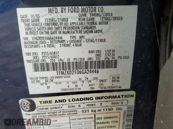 2006 Ford Freestyle SEL z VIN 1FMZK02106GA24446, wystawiony jako Copart lot #56291755 z przebiegiem 154 067 mil mil oraz Szkoda całkowita • Salvage title. Historia ofert i sprzedaży dostępna na DreamBid. Obrazek 13.