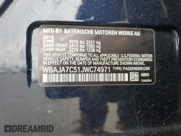 2018 BMW 5 Series 530i xDrive with VIN WBAJA7C51JWC74971, listed as a Copart auction lot 51348035 with 161,737 mi miles and Clean Title. Bid and sale history available at DreamBid. Image 12.