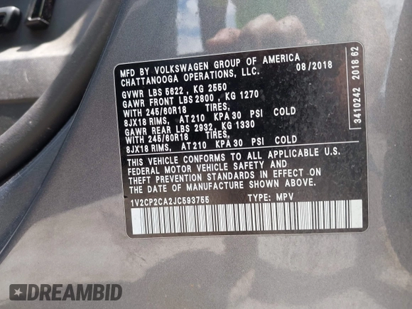 2018 Volkswagen Atlas SE с VIN 1V2CP2CA2JC593755, выставлен на аукционе IAAI как лот 42381332 с пробегом 62 664 миль миль и . История ставок и продаж доступна на DreamBid. Изображение 9.