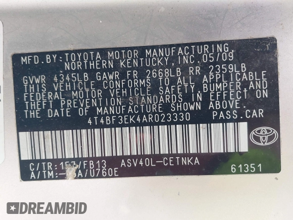 2010 Toyota Camry with VIN 4T4BF3EK4AR023330, listed as a IAAI auction lot 41942691 with 121,827 mi miles and . Bid and sale history available at DreamBid. Image 9.