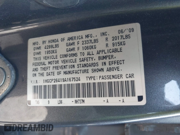 2009 Honda Accord LX-P z VIN 1HGCP26419A167524, wystawiony jako IAAI lot #41975278 z przebiegiem 184 187 mil mil oraz . Historia ofert i sprzedaży dostępna na DreamBid. Obrazek 9.