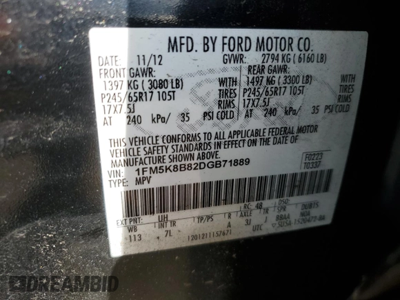 2013 Ford Explorer z VIN 1FM5K8B82DGB71889, wystawiony jako Copart lot #58262045 z przebiegiem 165 476 mil mil oraz Szkoda całkowita • Salvage title. Historia ofert i sprzedaży dostępna na DreamBid. Obrazek 13.