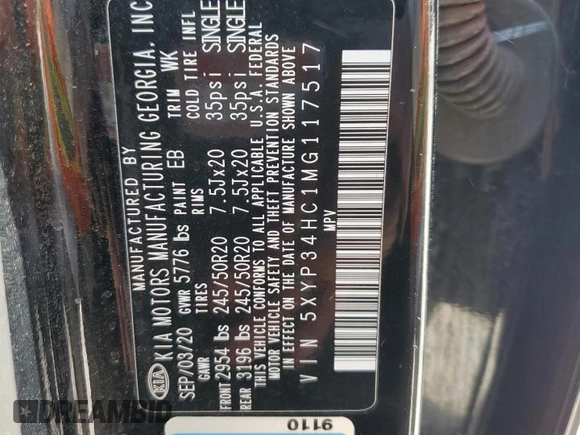 2021 Kia Telluride EX z VIN 5XYP34HC1MG117517, wystawiony jako Copart lot #51983995 z przebiegiem Nie podano mil oraz Szkoda całkowita • Salvage title. Historia ofert i sprzedaży dostępna na DreamBid. Obrazek 15.