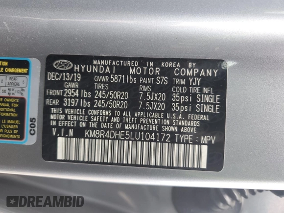2020 Hyundai Palisade SEL z VIN KM8R4DHE5LU104172, wystawiony jako Copart lot #51909525 z przebiegiem 56 397 mil mil oraz Szkoda całkowita • Salvage title. Historia ofert i sprzedaży dostępna na DreamBid. Obrazek 13.
