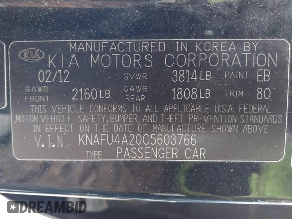 2012 Kia Forte EX with VIN KNAFU4A20C5603766, listed as a IAAI auction lot 41655214 with 127,402 mi miles. Bid and sale history available at carsss.com. Image 9.