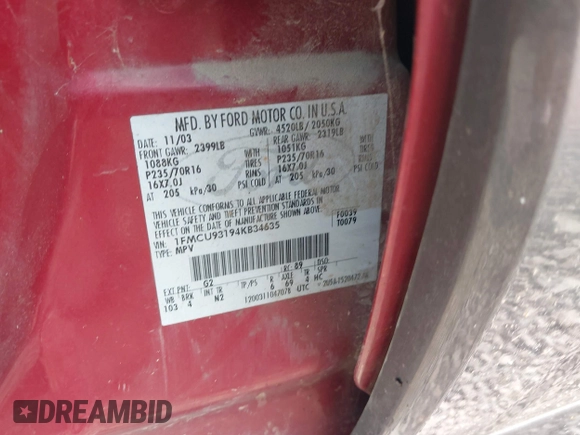 2004 Ford Escape XLT с VIN 1FMCU93194KB34635, выставлен на аукционе IAAI как лот 42413226 с пробегом 194 916 миль миль и . История ставок и продаж доступна на DreamBid. Изображение 9.