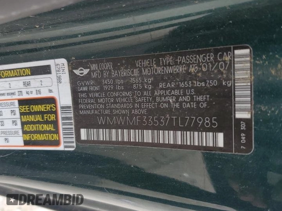 2007 MINI Hardtop with VIN WMWMF33537TL77985, listed as a Copart auction lot 61908635 with 180,470 mi miles and Salvage title. Bid and sale history available at DreamBid. Image 12.