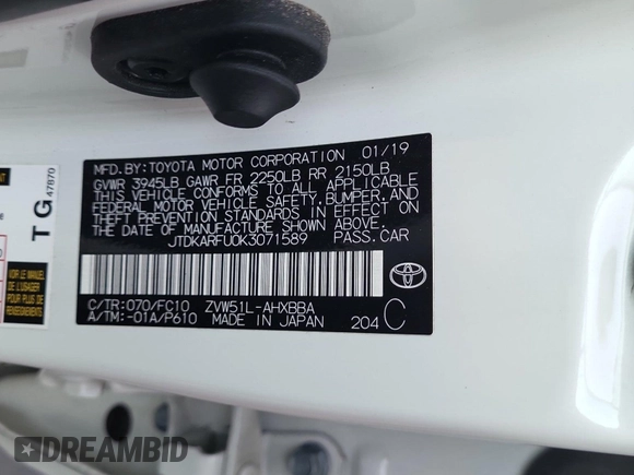 2019 Toyota Prius L Eco z VIN JTDKARFU0K3071589, wystawiony jako IAAI lot #42497984 z przebiegiem 54 762 mil mil oraz . Historia ofert i sprzedaży dostępna na DreamBid. Obrazek 44.