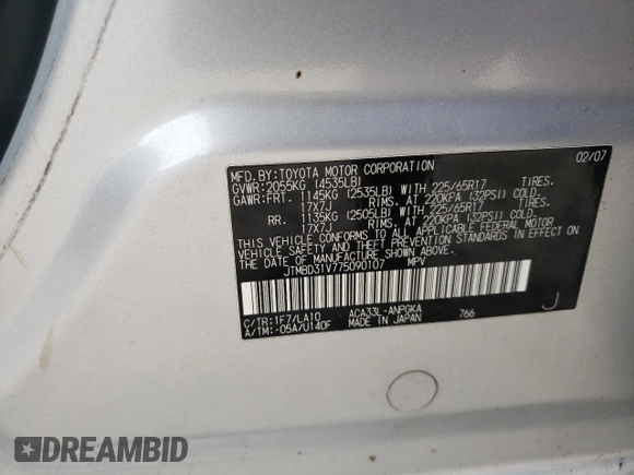 2007 Toyota RAV4 Limited with VIN JTMBD31V775090107, listed as a Copart auction lot 57168895 with 180,950 mi miles and Clean title. Bid and sale history available at DreamBid. Image 12.