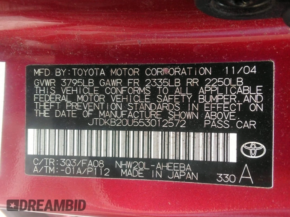 2005 Toyota Prius with VIN JTDKB20U553012572, listed as a IAAI auction lot 42155170 with 1 mi miles. Bid and sale history available at carsss.com. Image 9.