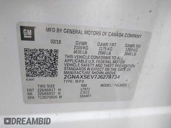 2018 Chevrolet Equinox LT with VIN 2GNAXSEV7J6278734, listed as a IAAI auction lot 42188943 with 321,936 mi miles. Bid and sale history available at carsss.com. Image 9.