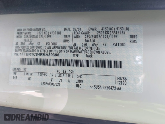2024 Ford Transit Cargo z VIN 1FTBR1C84RKA39388, wystawiony jako IAAI lot #42069825 z przebiegiem 20 851 mil mil oraz . Historia ofert i sprzedaży dostępna na DreamBid. Obrazek 9.