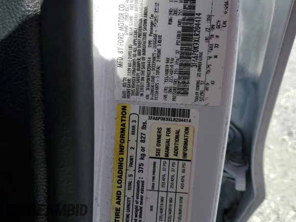 2020 Ford Fusion Titanium with VIN 3FA6P0K9XLR204414, listed as a Copart auction lot 51133515 with 123,564 mi miles and Clean title. Bid and sale history available at DreamBid. Image 12.