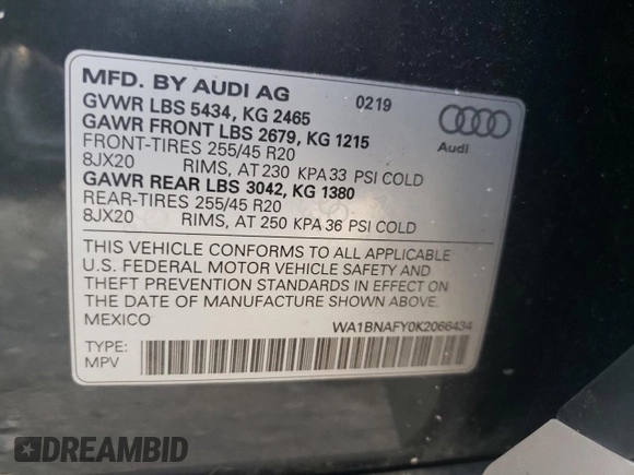 2019 Audi Q5 Premium Plus with VIN WA1BNAFY0K2066434, listed as a Copart auction lot 59843625 with 52,591 mi miles and Salvage title. Bid and sale history available at DreamBid. Image 14.
