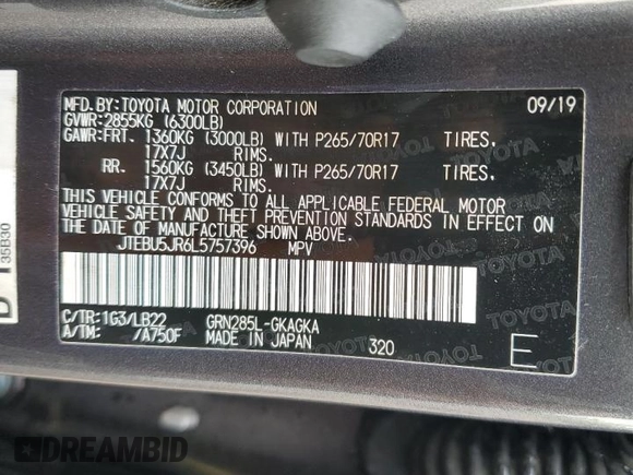 2020 Toyota 4Runner SR5 with VIN JTEBU5JR6L5757396, listed as a Copart auction lot 58993555 with 115,663 mi miles and Salvage title. Bid and sale history available at DreamBid. Image 13.