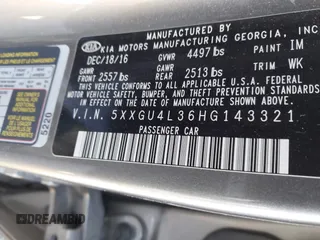 2017 Kia Optima EX with VIN 5XXGU4L36HG143321, listed as a IAAI auction lot 41589617 with 116,972 mi miles. Bid and sale history available at carsss.com. Image 9.