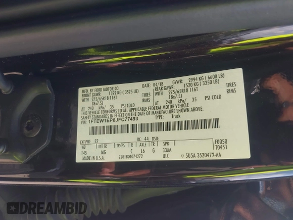 2018 Ford F-150 XL with VIN 1FTEW1EP8JFC77493, listed as a IAAI auction lot 42073382 with Not Provided miles and . Bid and sale history available at carsss.com. Image 9.