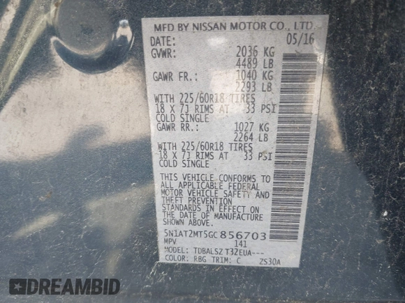 2016 Nissan Rogue SL with VIN 5N1AT2MT5GC856703, listed as a IAAI auction lot 42193522 with 126,953 mi miles. Bid and sale history available at carsss.com. Image 9.