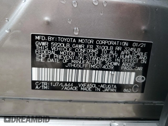 2021 Lexus LS 500 with VIN JTHG5LFF1M5014039, listed as a Copart auction lot 59346835 with 41,581 mi miles and Salvage title. Bid and sale history available at DreamBid. Image 13.