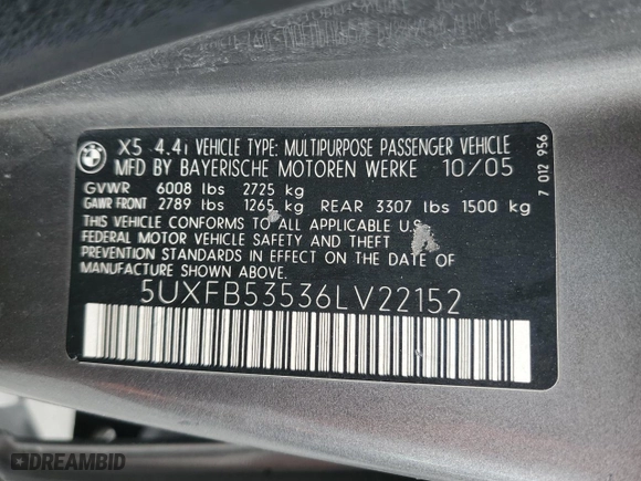 2006 BMW X5 4.4i with VIN 5UXFB53536LV22152, listed as a Copart auction lot 53160005 with 178,555 mi miles and Salvage Title. Bid and sale history available at carsss.com. Image 13.