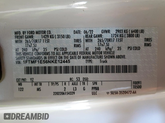 2022 Ford F-150 XL with VIN 1FTMF1E56NKE12445, listed as a Copart auction lot 81896314 with 60,968 mi miles and Salvage Title. Bid and sale history available at DreamBid. Image 12.