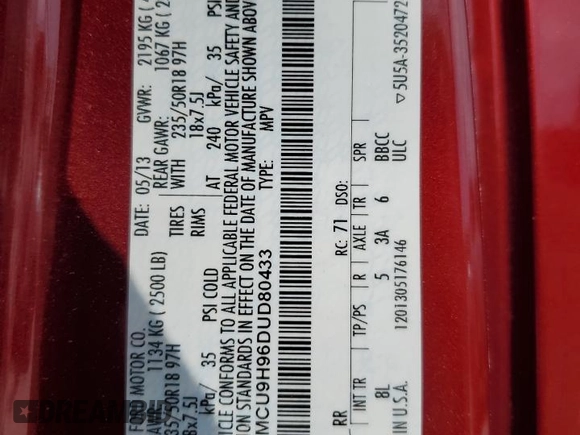 2013 Ford Escape SEL with VIN 1FMCU9H96DUD80433, listed as a Copart auction lot 55514195 with 195,781 mi miles and Salvage title. Bid and sale history available at DreamBid. Image 12.