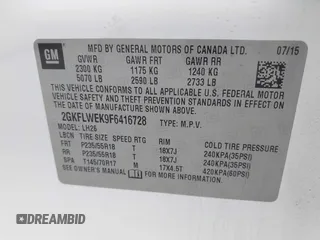 2015 GMC Terrain SLE with VIN 2GKFLWEK9F6416728, listed as a IAAI auction lot 41690053 with 129,194 mi miles and . Bid and sale history available at carsss.com. Image 9.