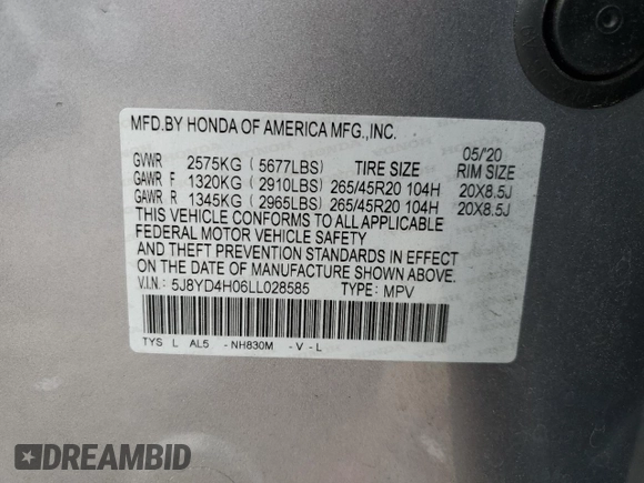 2020 Acura MDX Technology z VIN 5J8YD4H06LL028585, wystawiony jako Copart lot #58244625 z przebiegiem 89 782 mil mil oraz Szkoda całkowita • Salvage title. Historia ofert i sprzedaży dostępna na DreamBid. Obrazek 13.