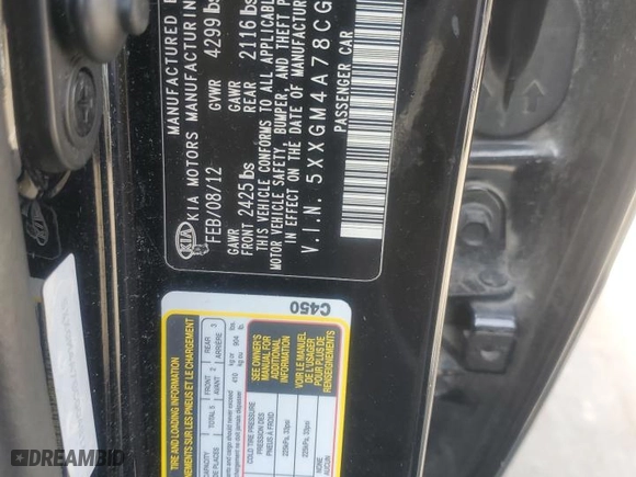 2012 Kia Optima LX with VIN 5XXGM4A78CG048161, listed as a Copart auction lot 51530035 with 364,389 mi miles and Salvage Title. Bid and sale history available at carsss.com. Image 12.