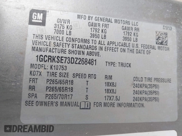 2013 Chevrolet Silverado 1500 LT with VIN 1GCRKSE73DZ268481, listed as a IAAI auction lot 41461642 with 280,718 mi miles and . Bid and sale history available at DreamBid. Image 9.