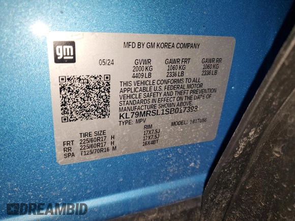 2025 Chevrolet TrailBlazer LT with VIN KL79MRSL1SB017398, listed as a Copart auction lot 43576365 with 2,398 mi miles and Salvage Title. Bid and sale history available at DreamBid. Image 14.