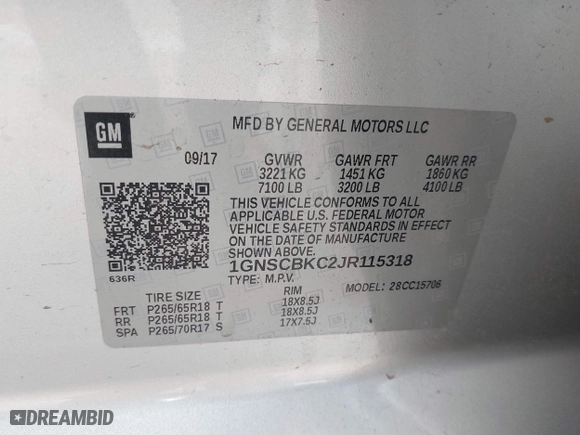 2018 Chevrolet Tahoe LT with VIN 1GNSCBKC2JR115318, listed as a IAAI auction lot 41809253 with 107,217 mi miles. Bid and sale history available at carsss.com. Image 9.