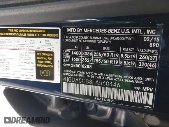 2015 Mercedes-Benz M 400 with VIN 4JGDA5GB8FA560446, listed as a IAAI auction lot 41783953 with 144,633 mi miles and . Bid and sale history available at DreamBid. Image 9.