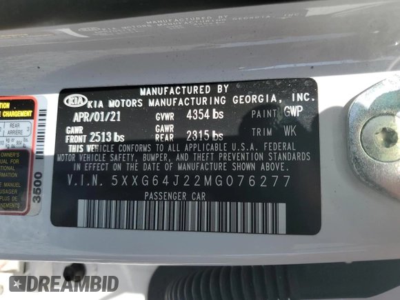 2021 Kia K5 GT-Line with VIN 5XXG64J22MG076277, listed as a Copart auction lot 54786385 with 54,883 mi miles and Non Repairable. Bid and sale history available at carsss.com. Image 13.