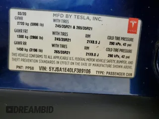2020 Tesla Model S Performance with VIN 5YJSA1E40LF389106, listed as a Copart auction lot 74157584 with 0 mi miles and Salvage Title. Bid and sale history available at carsss.com. Image 14.