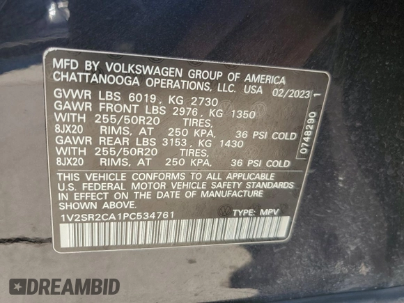 2023 Volkswagen Atlas SEL R-Line Black z VIN 1V2SR2CA1PC534761, wystawiony jako Copart lot #80711404 z przebiegiem 21 802 mil mil oraz Szkoda całkowita • Salvage title. Historia ofert i sprzedaży dostępna na DreamBid. Obrazek 13.