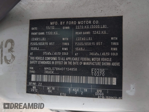 2013 Ford Transit Connect XLT with VIN NM0LS7BN4DT134858, listed as a IAAI auction lot 42608850 with 107,095 mi miles and . Bid and sale history available at DreamBid. Image 9.
