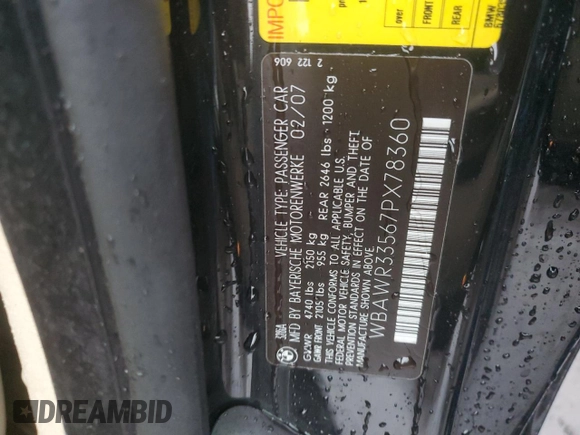 2007 BMW 3 Series 328i with VIN WBAWR33567PX78360, listed as a Copart auction lot 87157054 with 100,808 mi miles and Salvage title. Bid and sale history available at DreamBid. Image 12.