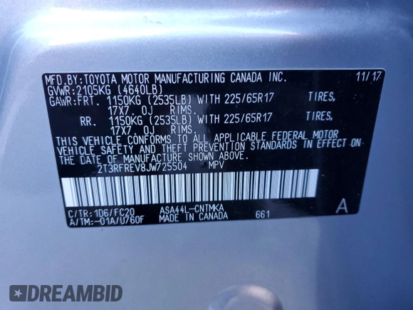 2018 Toyota RAV4 XLE with VIN 2T3RFREV8JW725504, listed as a Copart auction lot 84792264 with 41,501 mi miles and Salvage Title. Bid and sale history available at carsss.com. Image 13.