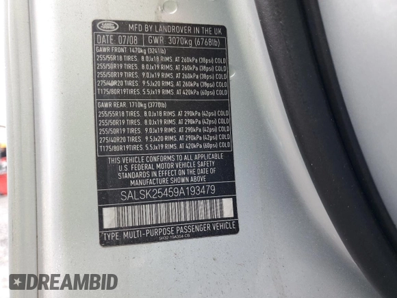 2009 Land Rover Range Rover Sport HSE with VIN SALSK25459A193479, listed as a Copart auction lot 61149845 with 124,104 mi miles and Salvage title. Bid and sale history available at DreamBid. Image 13.