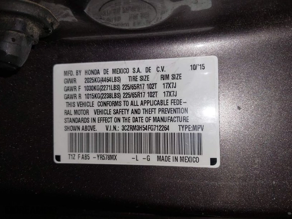 2015 Honda CR-V EX with VIN 3CZRM3H54FG712264, listed as a IAAI auction lot 41619854 with 119,077 mi miles. Bid and sale history available at carsss.com. Image 9.