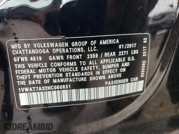 2017 Volkswagen Passat S с VIN 1VWAT7A32HC050631, выставлен на аукционе Copart как лот 56243335 с пробегом 102 795 миль миль и Списание • Salvage title. История ставок и продаж доступна на DreamBid. Изображение 12.