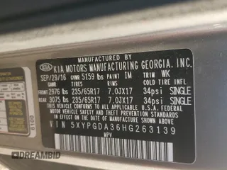 2017 Kia Sorento LX z VIN 5XYPGDA36HG263139, wystawiony jako Copart lot #52196675 z przebiegiem 89 401 mil mil oraz Szkoda całkowita • Salvage title. Historia ofert i sprzedaży dostępna na DreamBid. Obrazek 15.