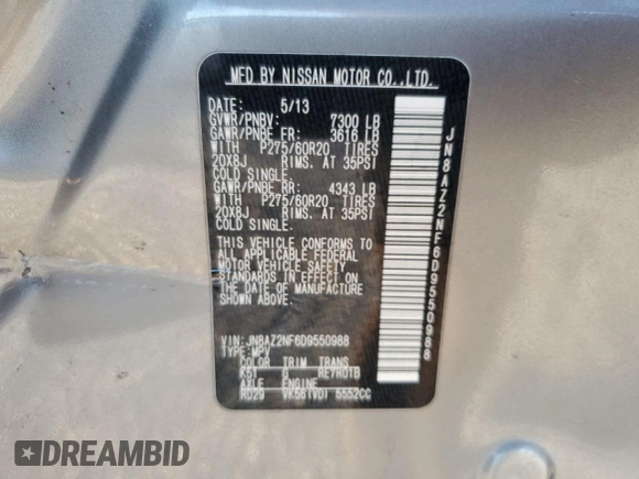 2013 Infiniti QX56 with VIN JN8AZ2NF6D9550988, listed as a Copart auction lot 71646664 with 114,335 mi miles and Salvage Title. Bid and sale history available at carsss.com. Image 14.