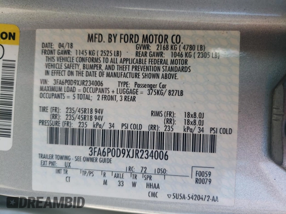 2018 Ford Fusion Titanium with VIN 3FA6P0D9XJR234006, listed as a Copart auction lot 55916265 with 139,096 mi miles and Salvage title. Bid and sale history available at DreamBid. Image 13.