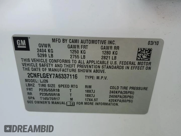 2010 Chevrolet Equinox LTZ z VIN 2CNFLGEY7A6337116, wystawiony jako Copart lot #56745625 z przebiegiem 165 467 mil mil oraz Szkoda całkowita • Salvage title. Historia ofert i sprzedaży dostępna na DreamBid. Obrazek 14.