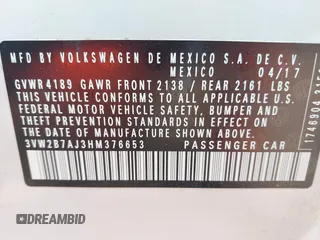 2017 Volkswagen Jetta S with VIN 3VW2B7AJ3HM376653, listed as a IAAI auction lot 42438334 with 140,722 mi miles and . Bid and sale history available at DreamBid. Image 9.